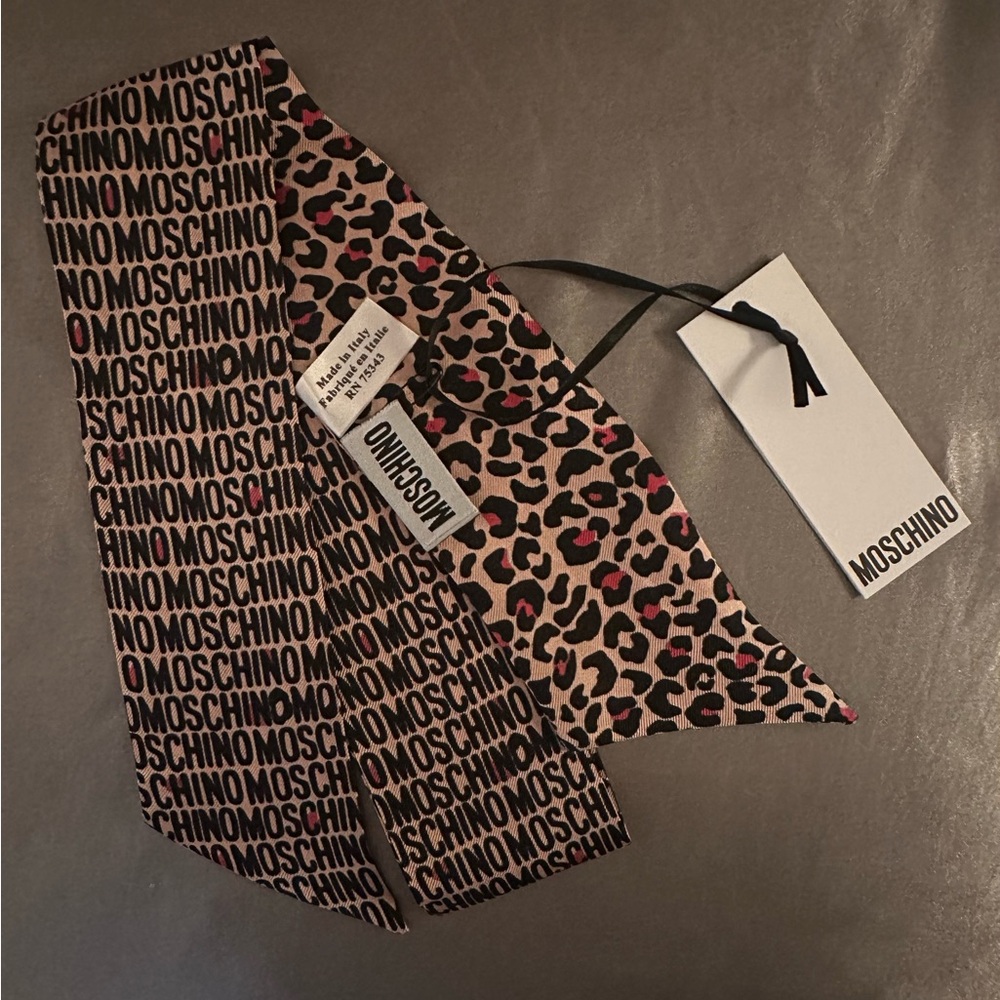 Moschino Black & Pink Leopard Logo Silk Scarf Tie